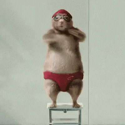 A Hamster Wearing Red Swim Trunks And Goggles Is Jumping Off A Stool . GIF