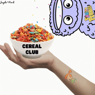 A Hand Holding A Bowl Of Cereal With The Words Cereal Club On It GIF