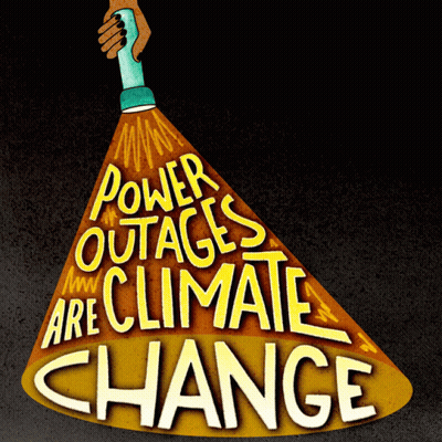 A Hand Holding A Flashlight With The Words Power Outages Are Climate Change Coming Out Of It GIF