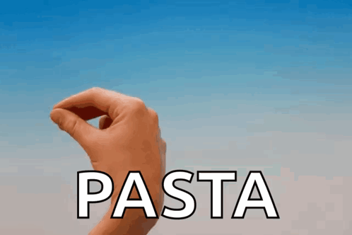 A Hand Holding A Piece Of Pasta In Front Of A Blue Sky GIF