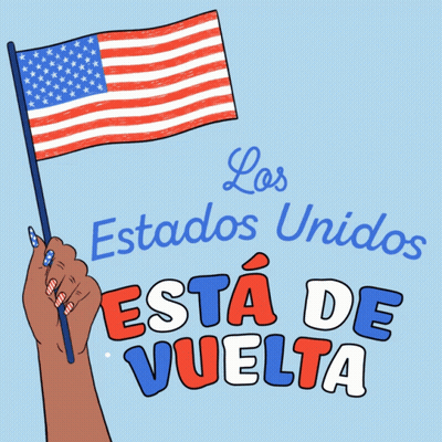 A Hand Holding An American Flag With The Words Estados Unidos Esta De Vuelta GIF