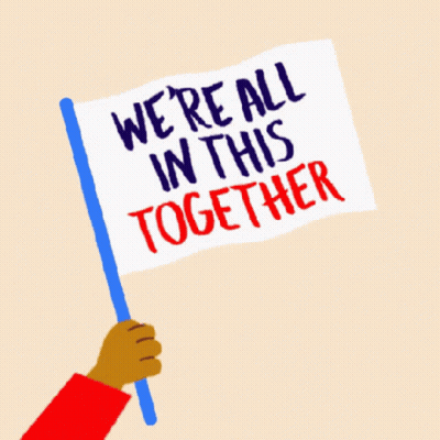 A Hand Holds Up A Sign That Says We 'Re All In This Together GIF