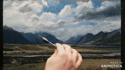 A Hand Is Holding A Brush In Front Of A Painting That Says Made In Animonica GIF