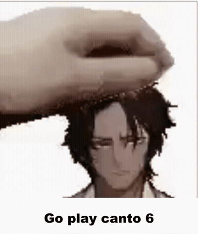 A Hand Is Holding A Man 'S Head With The Words `` Go Play Canto 6 '' Above It . GIF