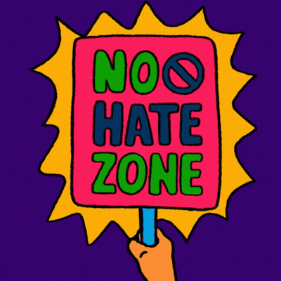 A Hand Is Holding A Sign That Says " No Hate Zone " GIF
