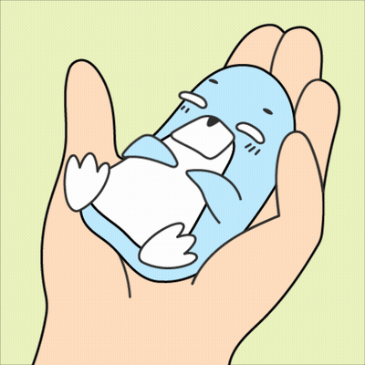 A Hand Is Holding A Small Blue And White Penguin GIF