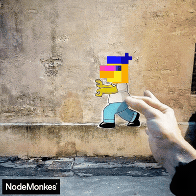 A Hand Is Holding A Sticker Of Homer Simpson In Front Of A Nodemonkes Logo GIF