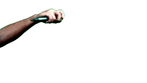 A Hand Is Pointing At A Green Object That Looks Like A Microphone Sticker