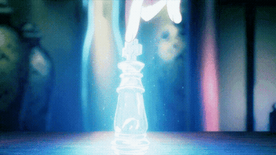 A Hand Is Reaching For A Chess Piece That Is Glowing In The Dark GIF
