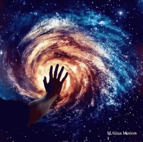 A Hand Is Reaching Out Towards A Spiral Galaxy GIF