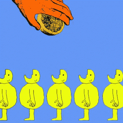 A Hand Is Squeezing A Slice Of Lemon Over A Row Of Yellow Cartoon Characters GIF