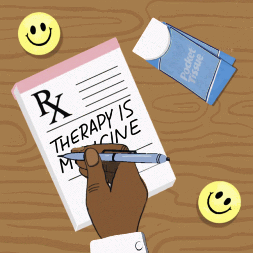 A Hand Is Writing On A Prescription Pad That Says " Therapy Is Medicine " GIF