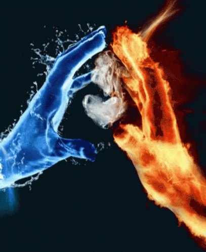 A Hand Made Of Water And A Hand Made Of Fire Holding A Heart GIF