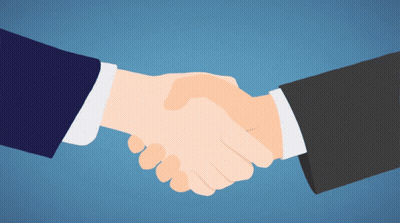 A Handshake Between Two Men In Suits On A Blue Background GIF