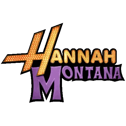 A Hannah Montana Logo With Purple And Orange Letters On A White Background Sticker