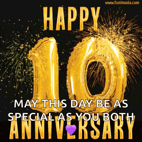 A Happy 10Th Anniversary Greeting Card With Fireworks And Balloons GIF