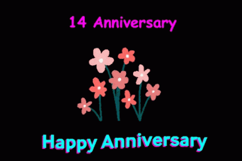A Happy 14Th Anniversary Card With Pink Flowers On A Black Background GIF
