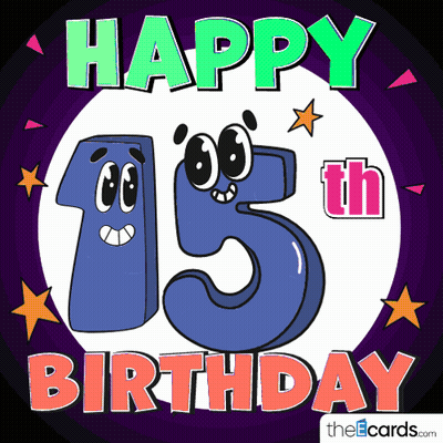 A Happy 15Th Birthday Greeting Card With A Cartoon Number GIF