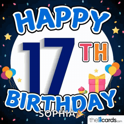 A Happy 17Th Birthday Greeting Card With Balloons And Presents GIF