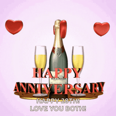 A Happy 28Th Anniversary Greeting With A Bottle Of Champagne And Two Glasses GIF