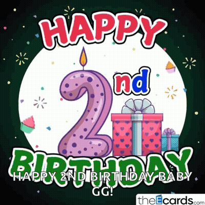 A Happy 2Nd Birthday Card With A Purple Candle And Presents GIF