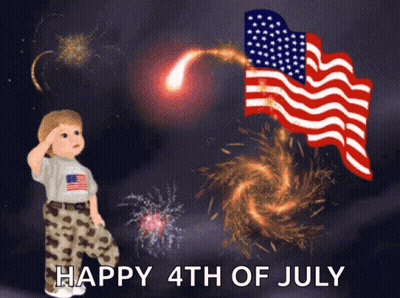 A Happy 4Th Of July Card With A Boy Saluting And Fireworks GIF