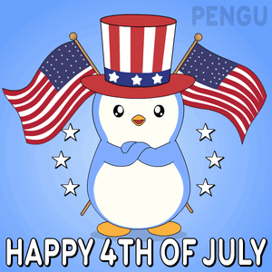 A Happy 4Th Of July Card With A Penguin In A Patriotic Hat GIF