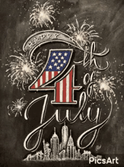 A Happy 4Th Of July Chalkboard With Fireworks And A City Skyline GIF