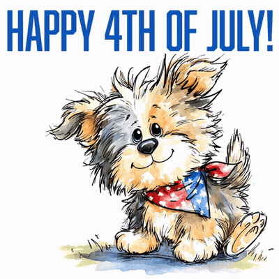 A Happy 4Th Of July Greeting Card With A Small Dog GIF
