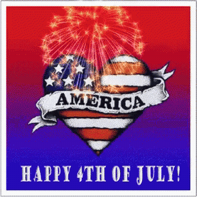 A Happy 4Th Of July Greeting Card With Fireworks And A Heart That Says America GIF