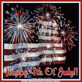 A Happy 4Th Of July Greeting Card With Fireworks And An American Flag In The Background GIF