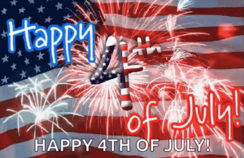 A Happy 4Th Of July Greeting Card With Fireworks And An American Flag In The Background GIF