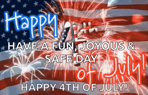 A Happy 4Th Of July Greeting Card With Fireworks And An American Flag . GIF