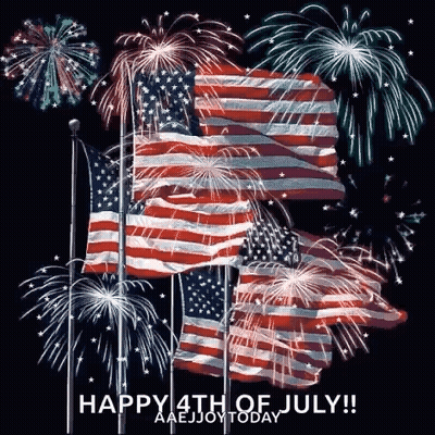 A Happy 4Th Of July Greeting Card With Flags And Fireworks . GIF