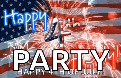 A Happy 4Th Of July Party Sign With Fireworks Behind It GIF