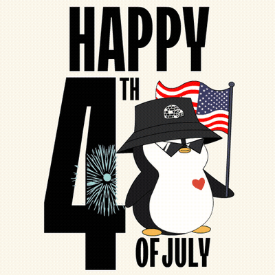 A Happy 4Th Of July Poster With A Penguin Wearing A Hat GIF