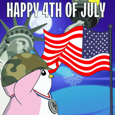 A Happy 4Th Of July Poster With A Penguin Wearing A Helmet GIF