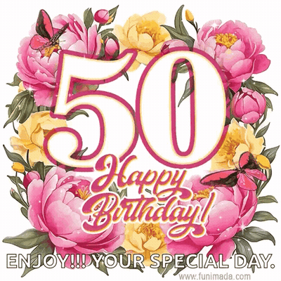 A Happy 50Th Birthday Card With Pink And Yellow Flowers GIF