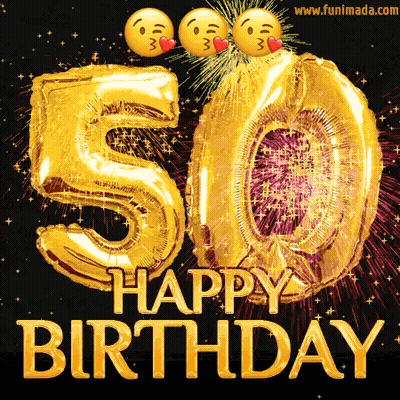 A Happy 50Th Birthday Greeting Card With Fireworks And Balloons GIF