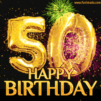 A Happy 50Th Birthday Greeting Card With Fireworks Behind The Balloons GIF