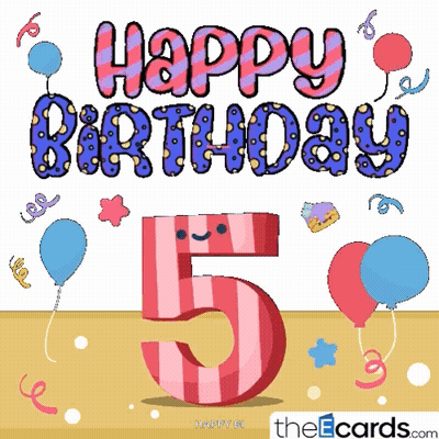 a happy 5th birthday card with balloons and streamers