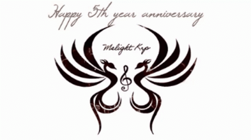 A Happy 5Th Year Anniversary Greeting Card With Two Birds And A Music Note GIF