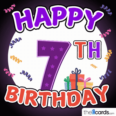 A Happy 7Th Birthday Greeting Card With A Purple Number GIF