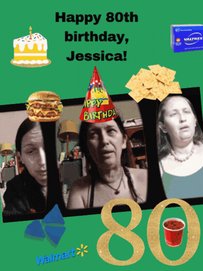A Happy 80Th Birthday Card For Jessica With A Hamburger And Chips GIF