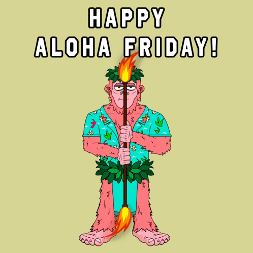 A Happy Aloha Friday Greeting Card With A Cartoon Monkey Holding A Torch GIF