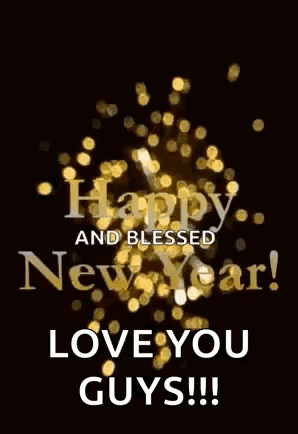A Happy And Blessed New Year Greeting Card With A Black Background And Gold Confetti . GIF