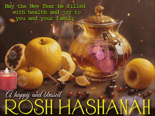A Happy And Blessed Rosh Hashanah Greeting Card With Fruits And Candles GIF