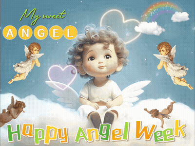 A Happy Angel Week Greeting Card With Angels And A Baby GIF