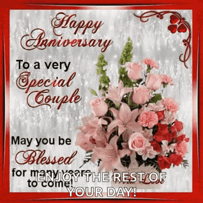 A Happy Anniversary Card With A Bouquet Of Flowers GIF