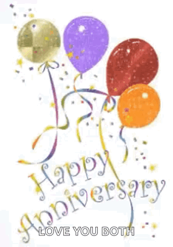 A Happy Anniversary Card With Balloons , Confetti And Ribbons . GIF